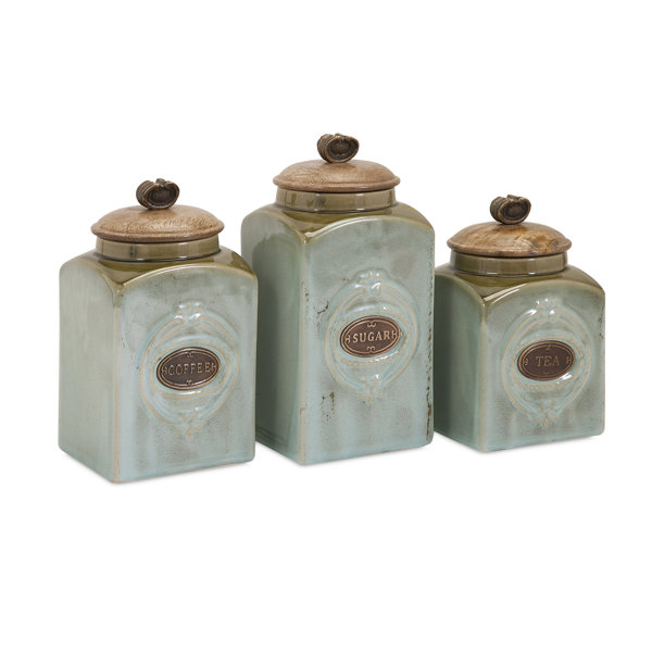 Red Barrel Studio® Wooden Lid Ceramic 3 Piece Kitchen Canister Set
